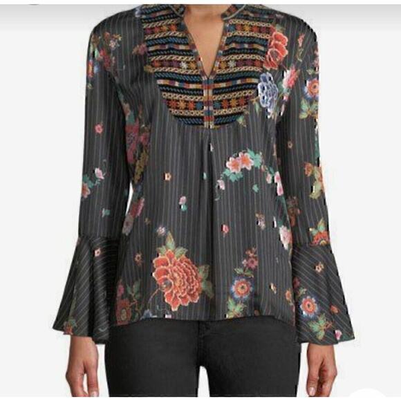 Johnny Was Biya 3J Workshop JWLA Stripe Velour Embroidered Blouse Tunic Top XS - Picture 8 of 9